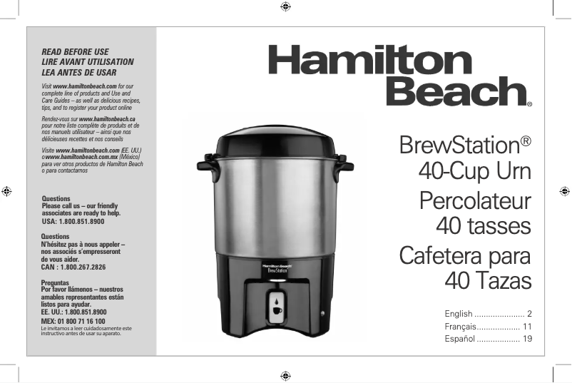 Page 1 de la notice Manuel utilisateur Hamilton Beach BrewStation 40540R