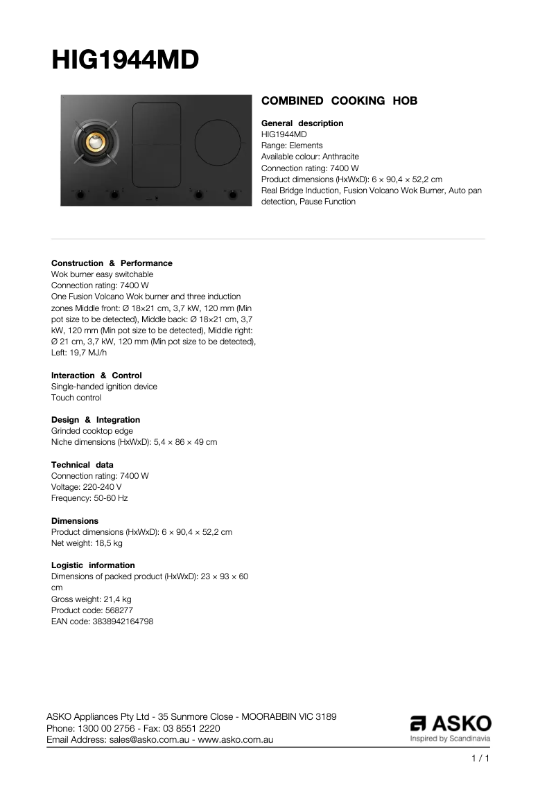 Page n°1 - Fiche technique Asko HIG1944MD
