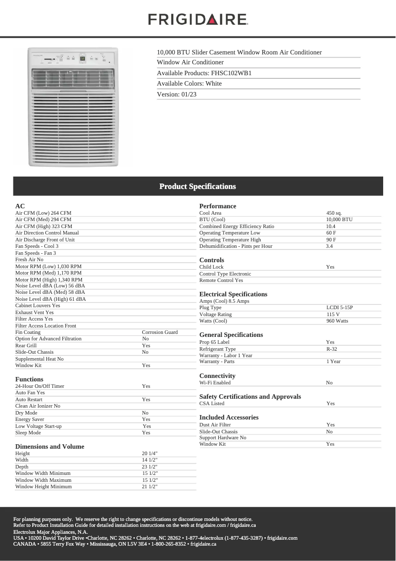 Page 1 de la notice Fiche technique Frigidaire FHSC102WB1