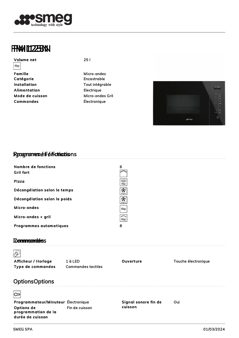 Página 1 del manual Ficha técnica Smeg FMI125N