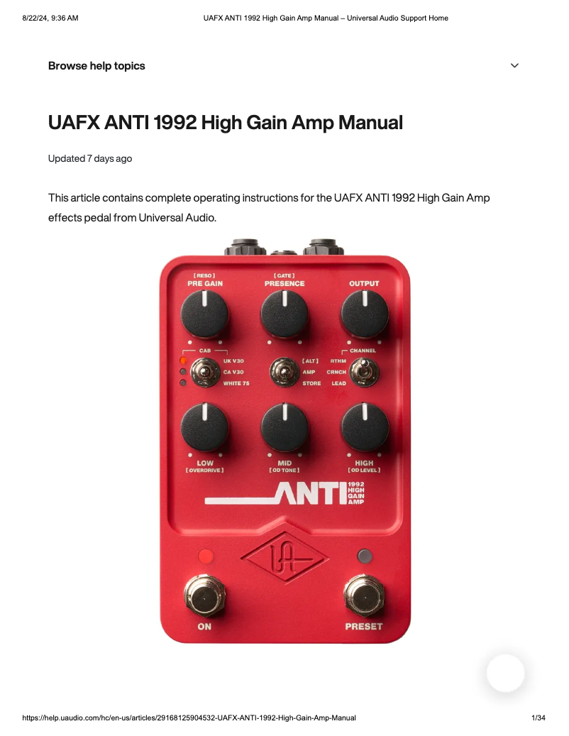 Page 1 de la notice Manuel utilisateur Universal Audio ANTI 1992