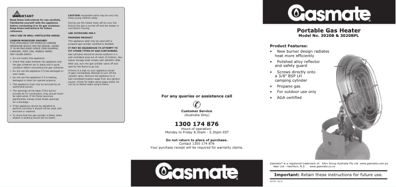 Page n°1 - Manuel utilisateur Gasmate 3020BPL