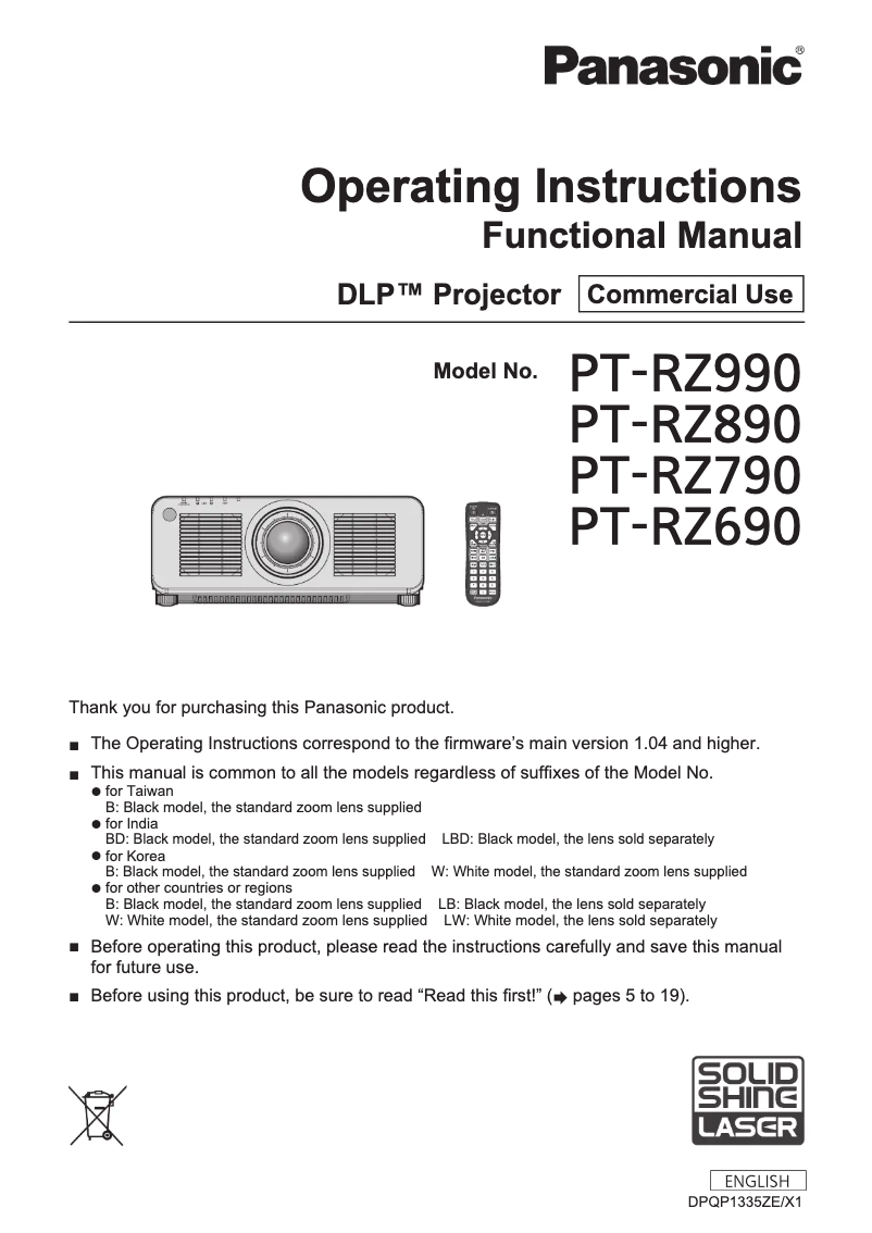 Image de la première page du manuel de l'appareil PT-RZ990