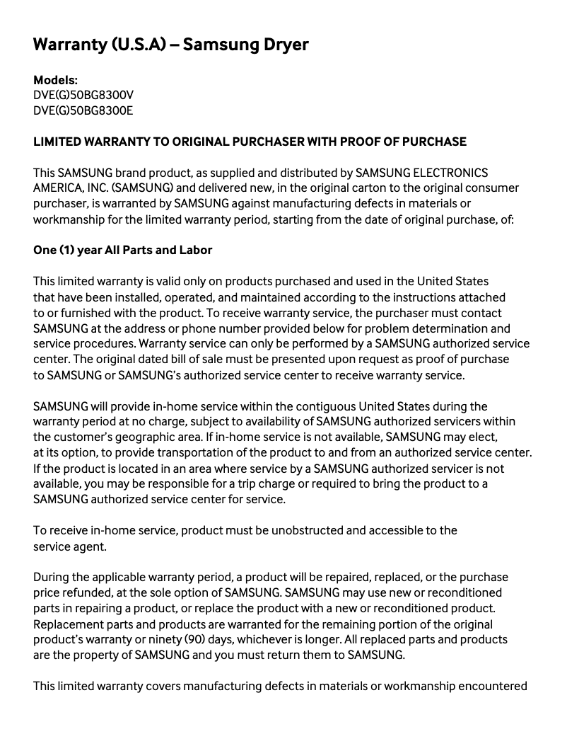 Page 1 de la notice Informations de garantie Samsung DVE50BG8300V