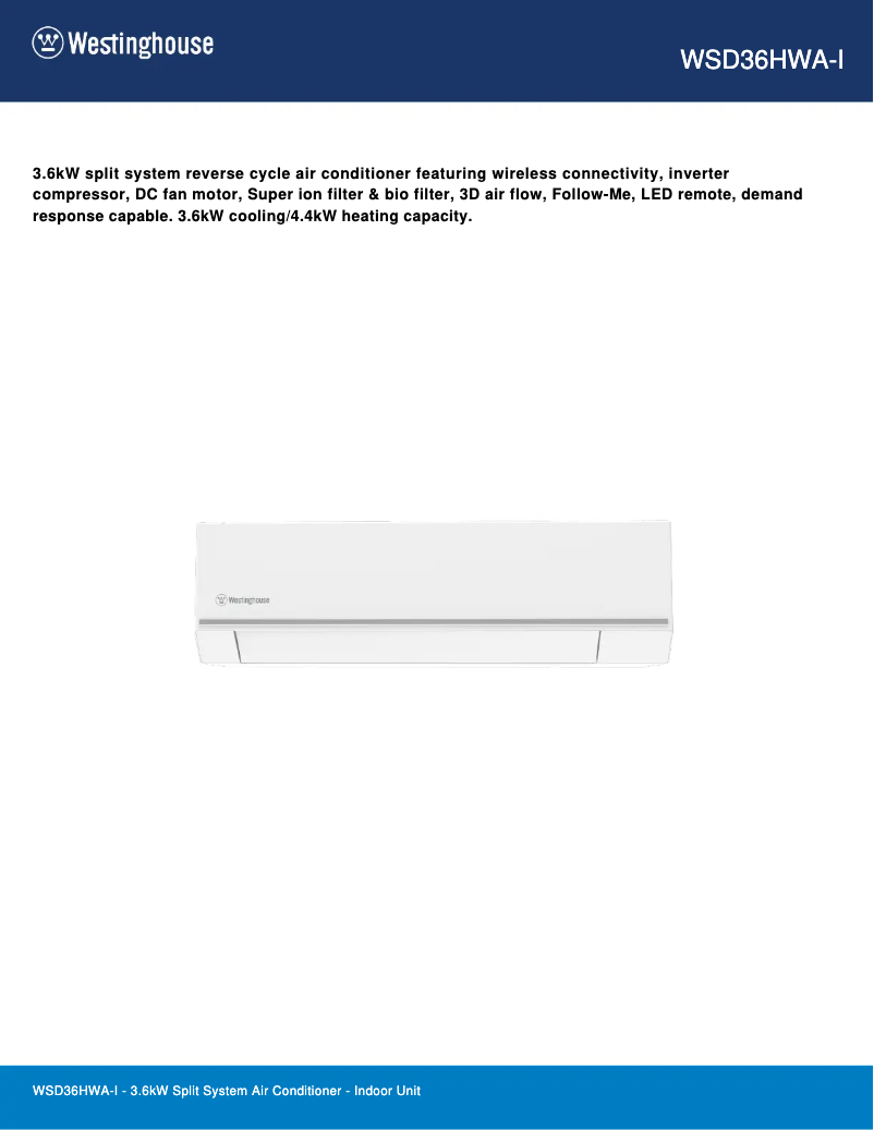 Page 1 of the manual Technical Sheet Westinghouse WSD36HWA-I