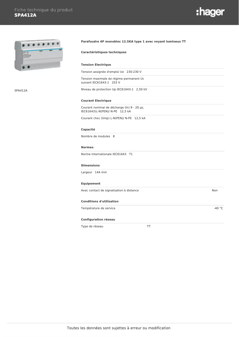 Page 1 de la notice Fiche technique Hager SPA412A