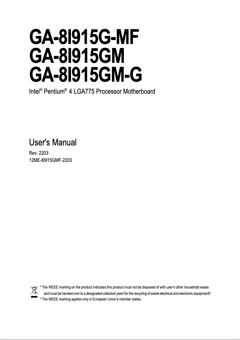 Page 1 de la notice Manuel utilisateur Gigabyte GA-8I915GM-G