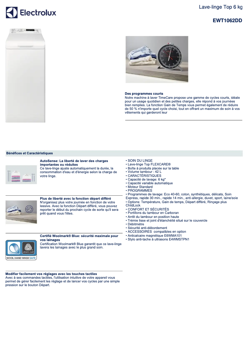 Page n°1 - Fiche technique Electrolux EWT1062DD