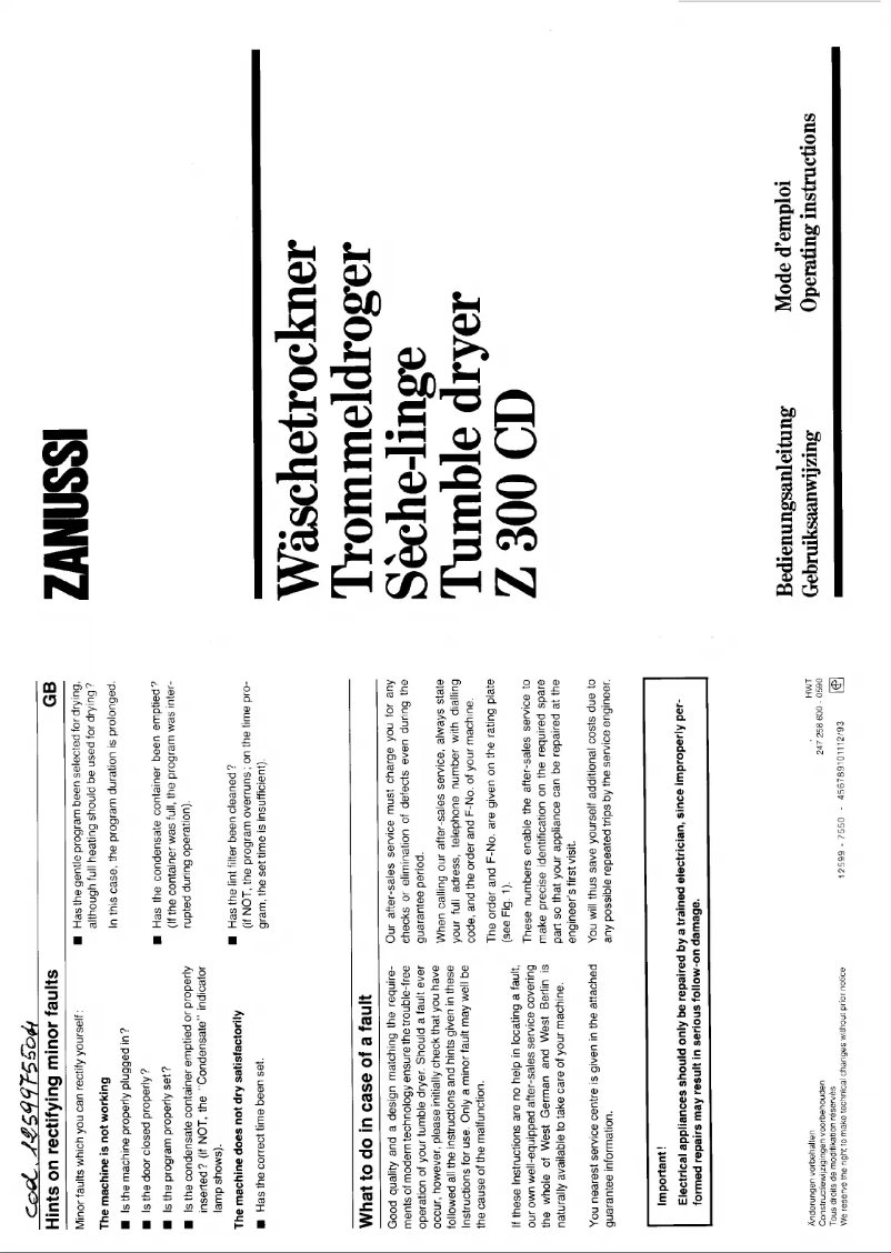 Page n°1 - Manuel utilisateur Zanussi Z 300 CD