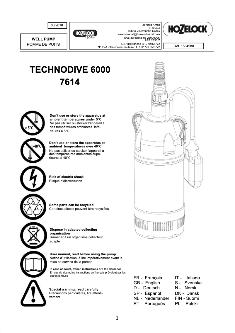 Page n°1 - Manuel utilisateur Hozelock Tecnodive 6000
