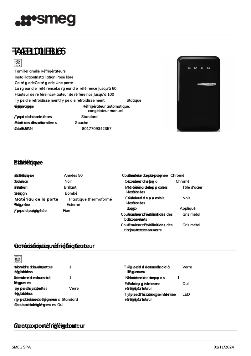 Page 1 de la notice Fiche technique Smeg FAB10LBL6
