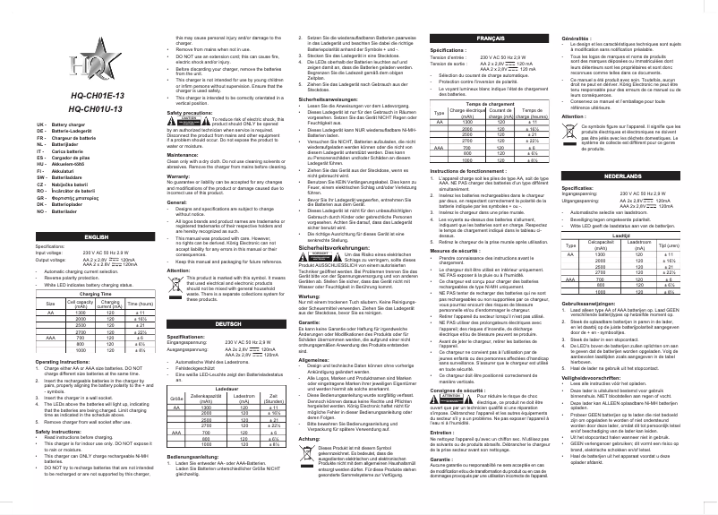 Page n°1 - Manuel utilisateur HQ EU plug-in battery charger