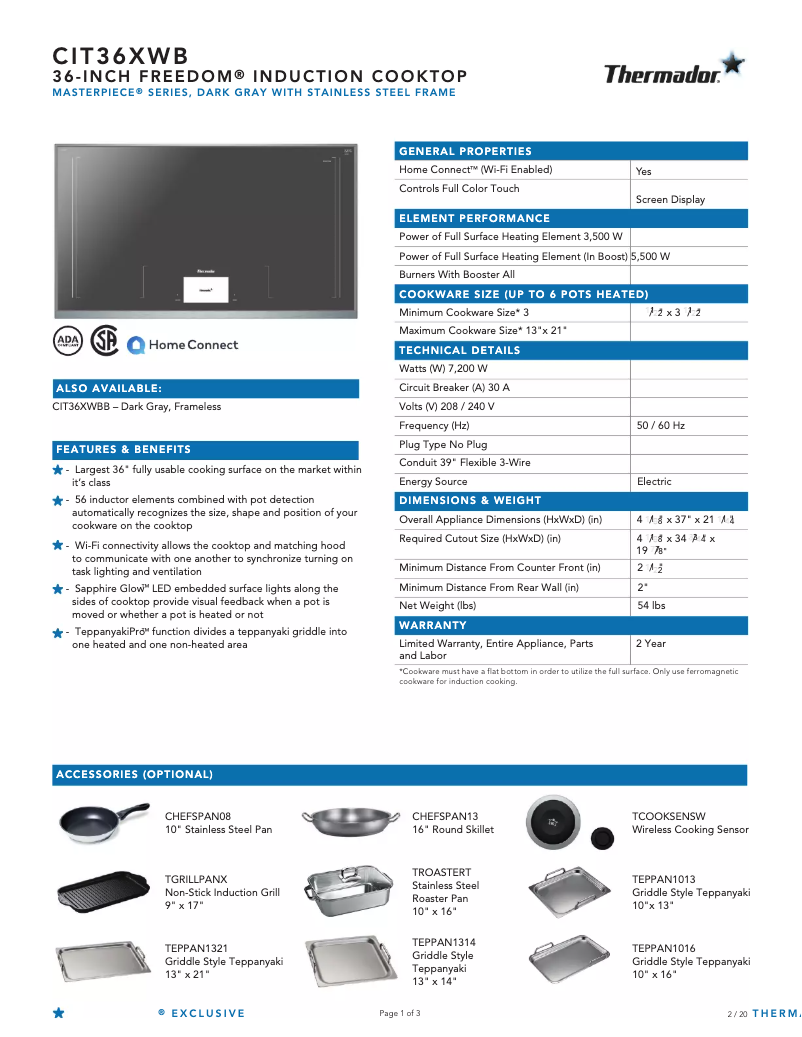 Page 1 de la notice Fiche technique Thermador CIT36XWB