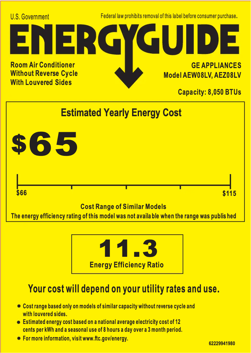 Page 1 de la notice Label énergétique GE AEZ08LV
