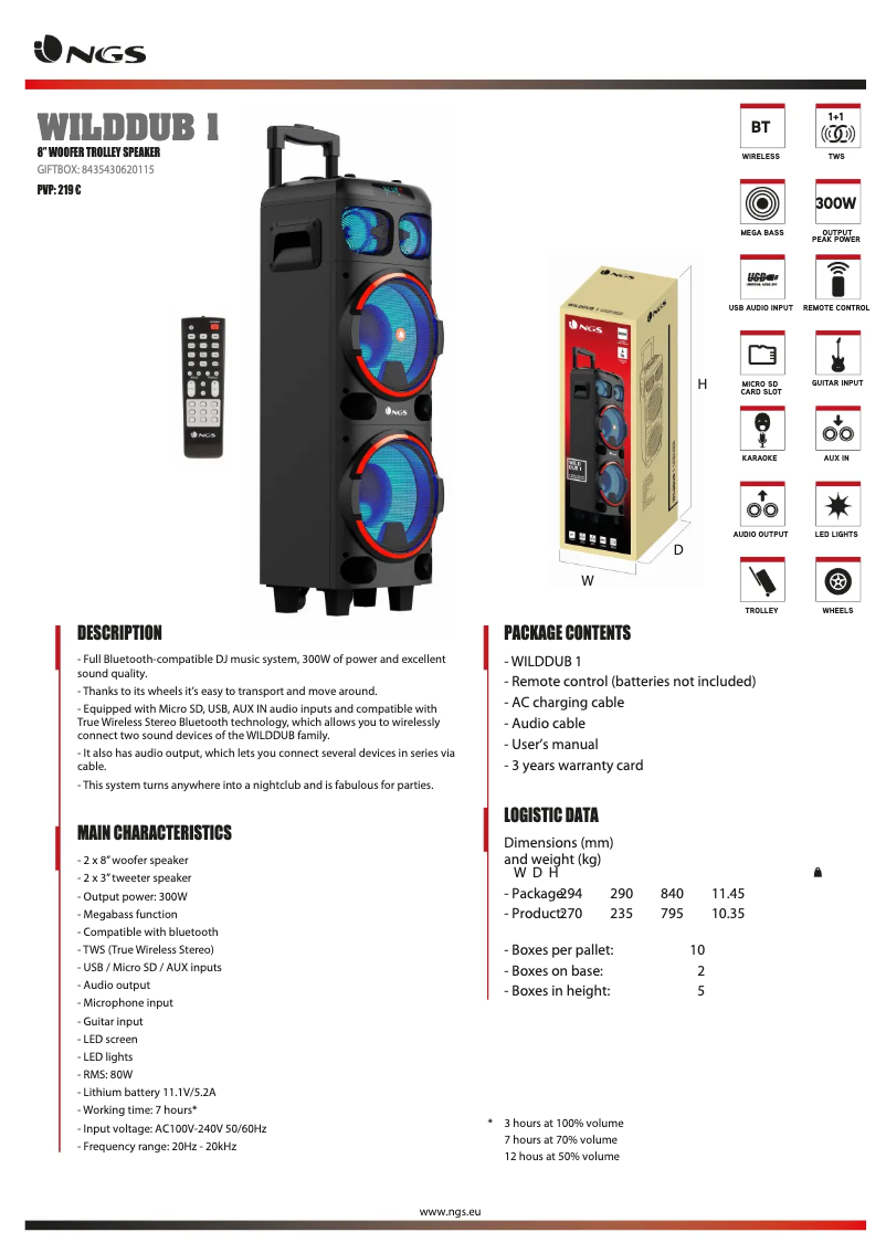 Page 1 de la notice Fiche technique NGS WILD DUB 1