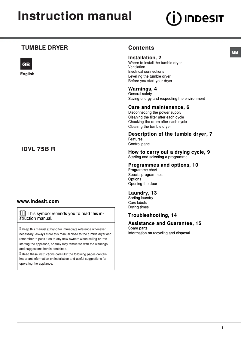Page 1 de la notice Mode d'emploi Indesit IDVL 75 B R K (UK)