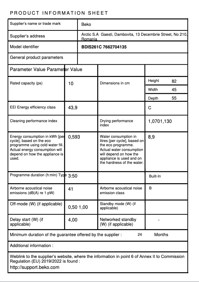 Page n°1 - Fiche technique Beko BDIS261C