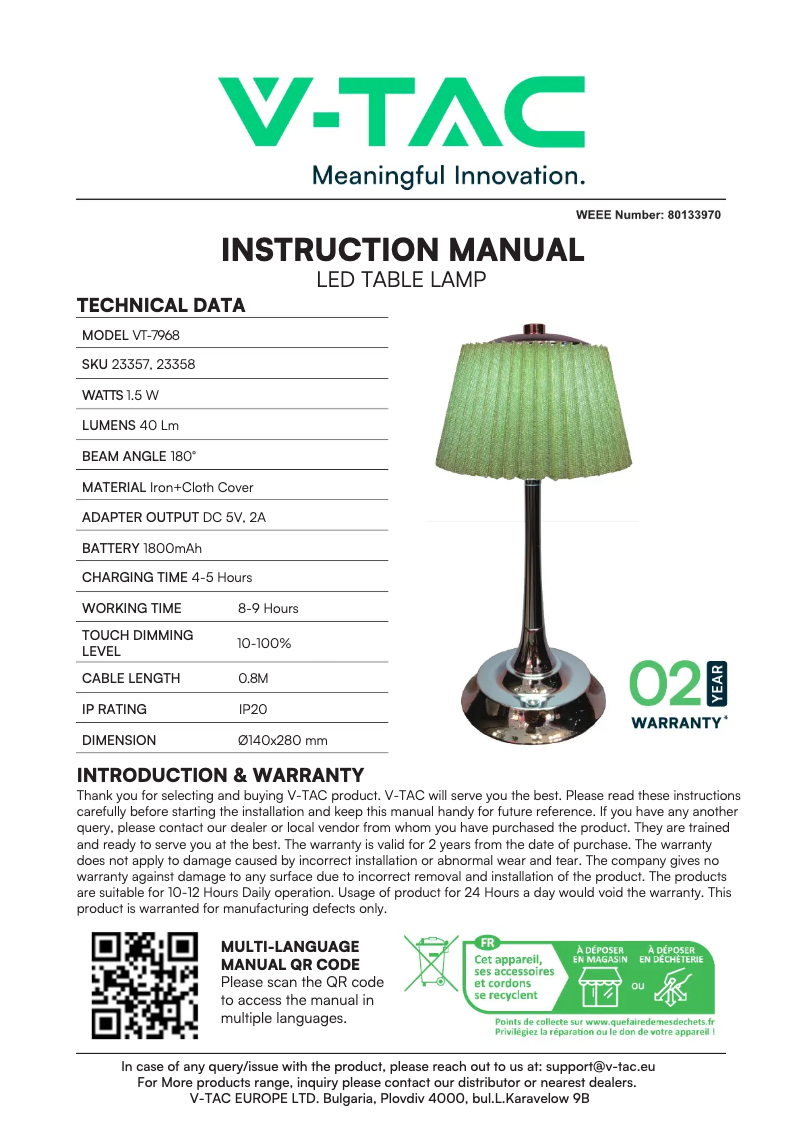 Page 1 de la notice Manuel utilisateur V-TAC VT-7968