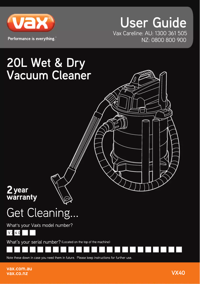 Page 1 de la notice Manuel utilisateur Vax VX40