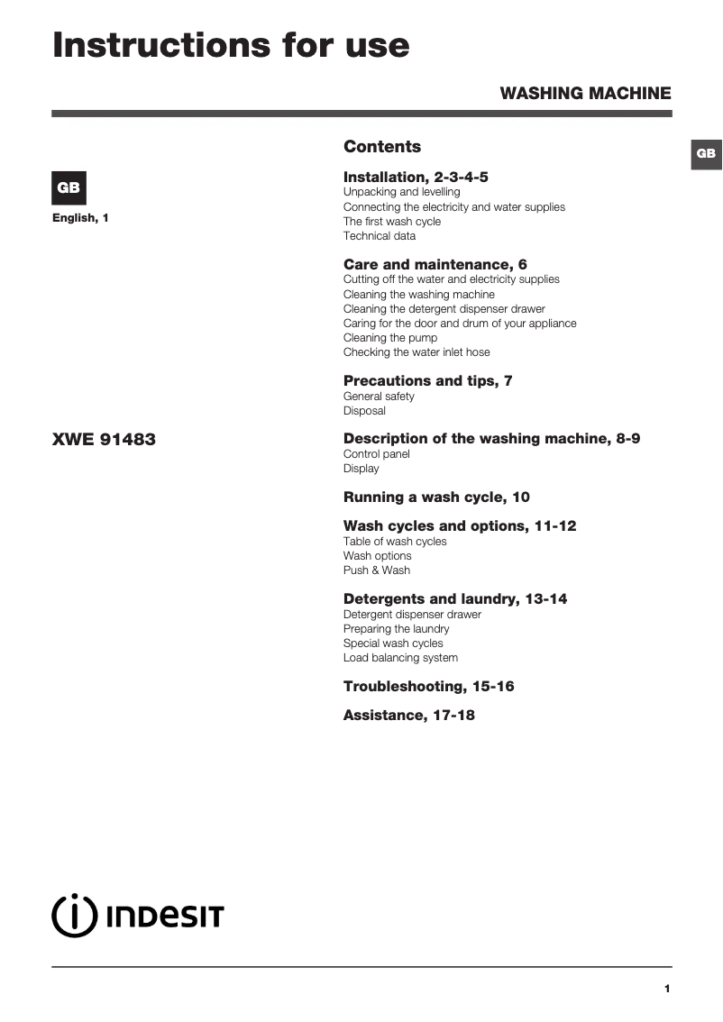 Page n°1 - Mode d'emploi Indesit XWE 91483X W UK