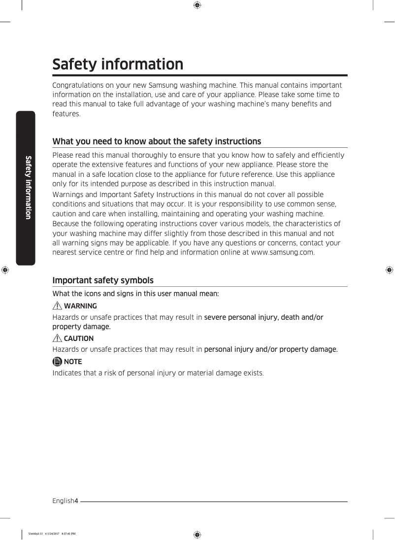 Page n°1 - Guide d'installation Samsung WW90J5455MW