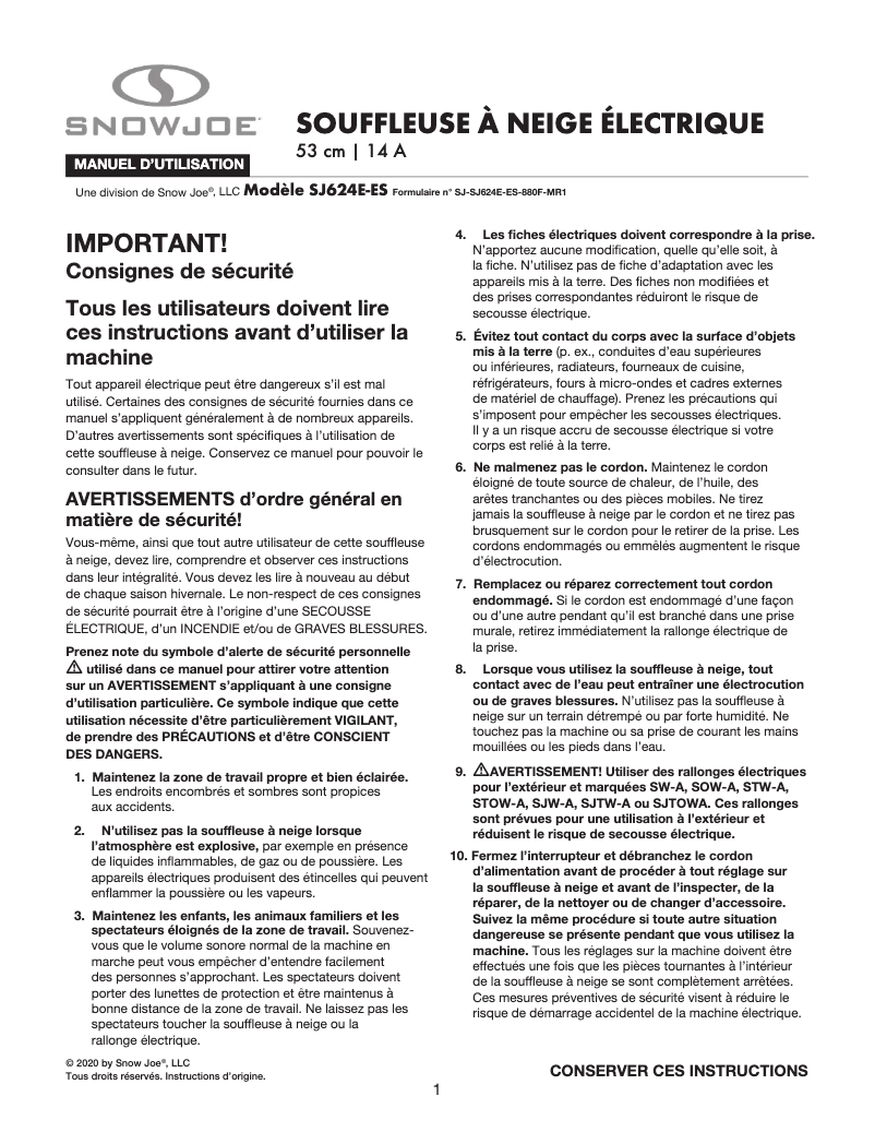 Page 1 de la notice Manuel utilisateur Snow Joe SJ624E-ES