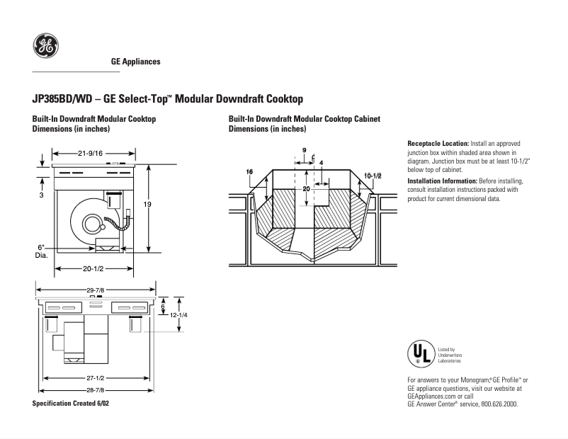 Page n°1 - Fiche technique GE JP385BDBB