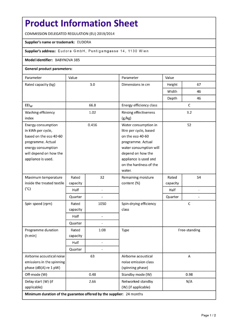 Page 1 de la notice Fiche technique Eudora Babynova 385