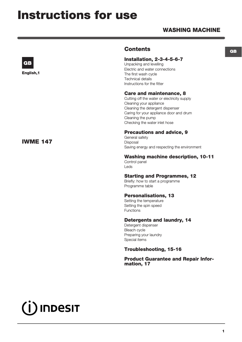 Image de la première page du manuel de l'appareil IWME 147 (UK)