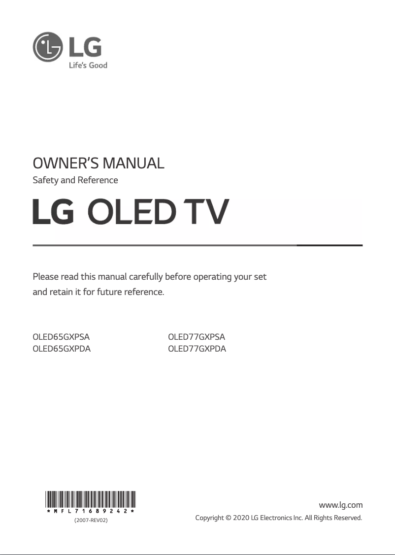 Page 1 de la notice Manuel utilisateur LG OLED65GXPSA