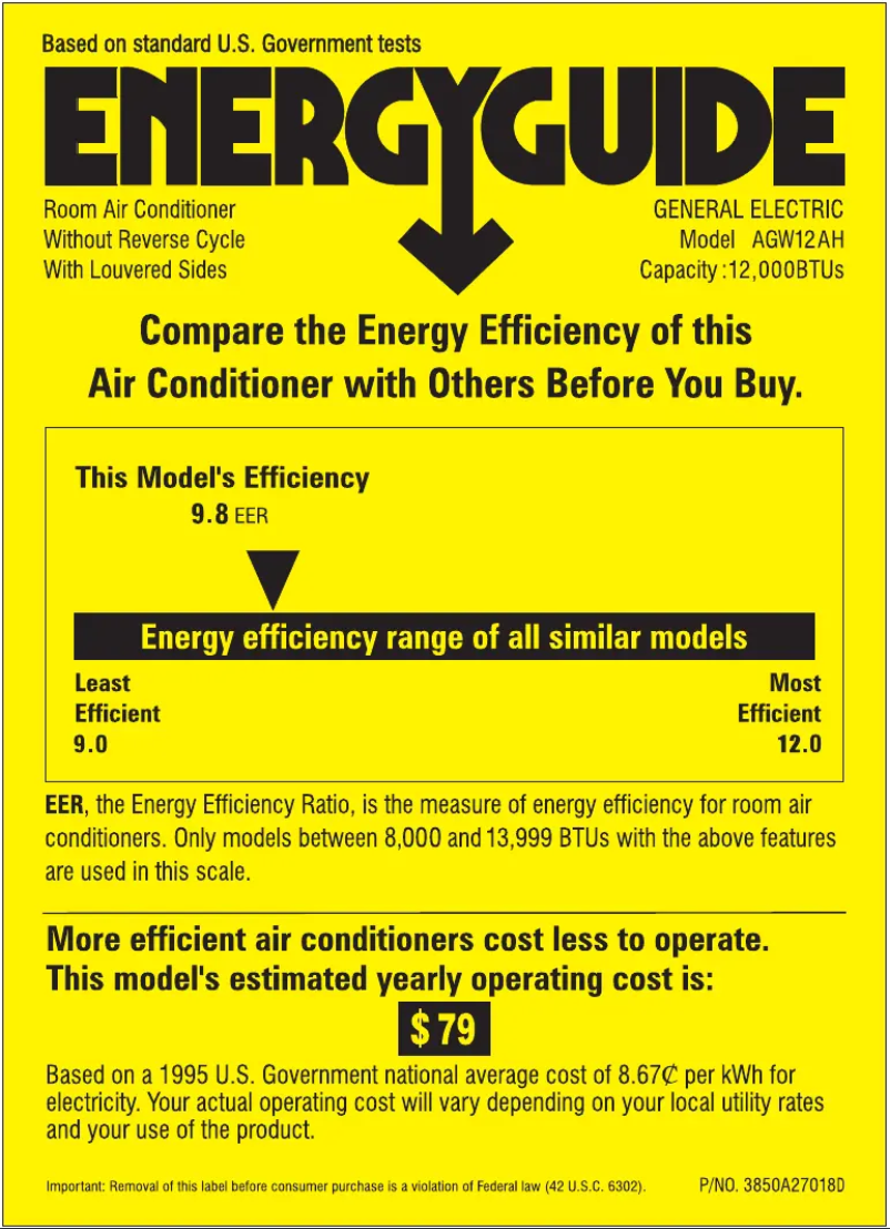 Page 1 de la notice Label énergétique GE AGW12AH