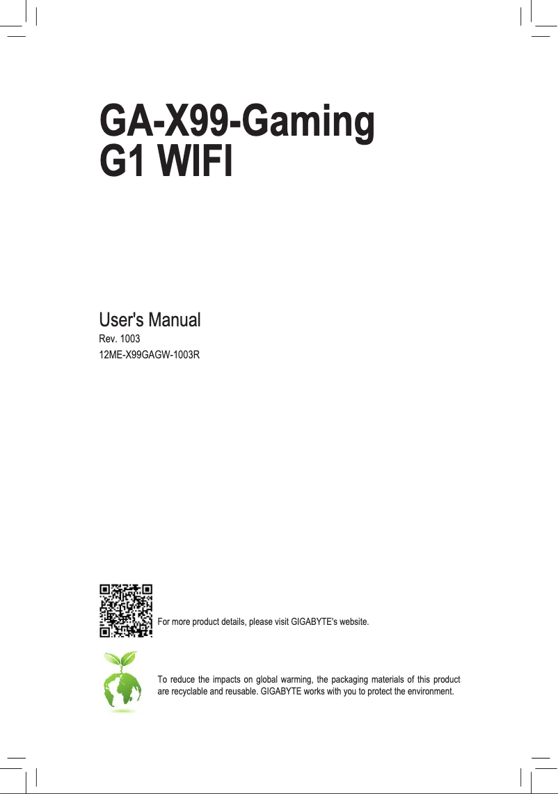 Page 1 de la notice Manuel utilisateur Gigabyte GA-X99-Gaming G1 WIFI