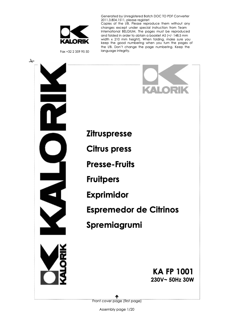Page n°1 - Manuel utilisateur Kalorik KA FP 1001