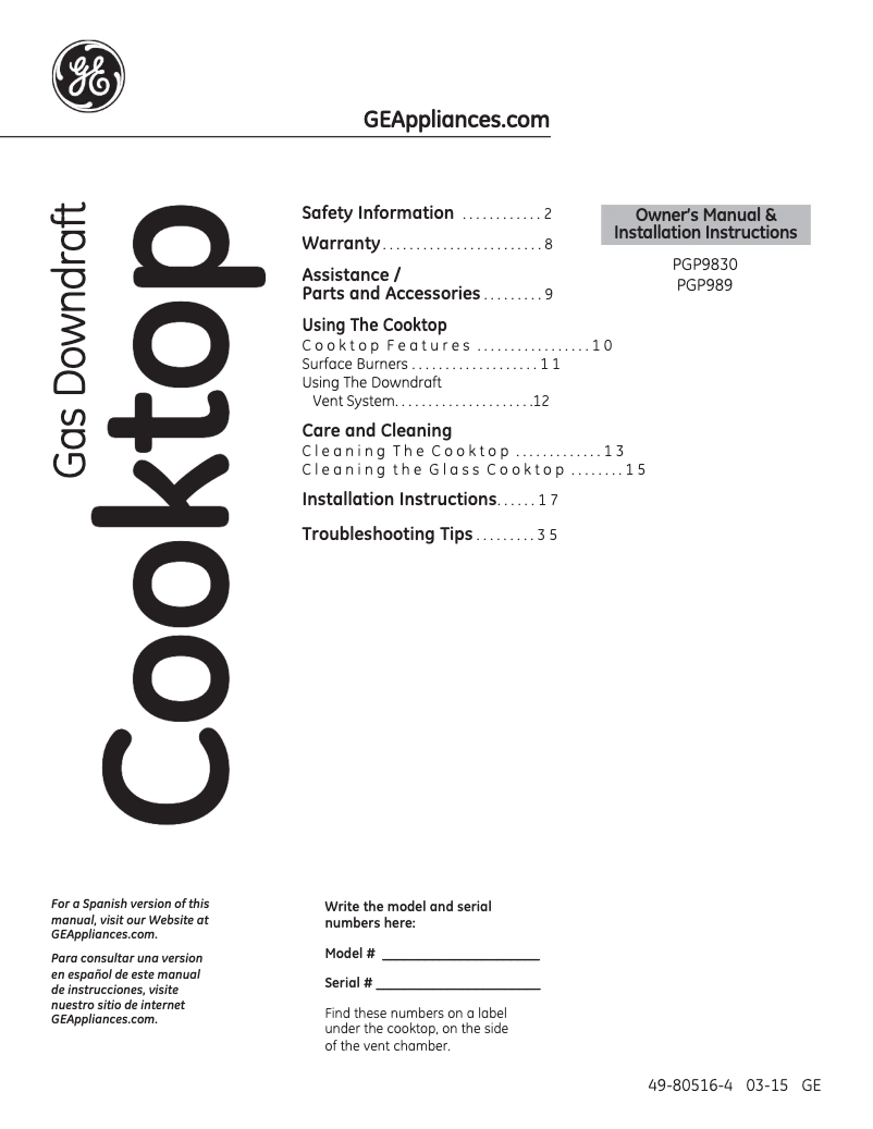 Page n°1 - Manuel utilisateur GE PGP9830TJWW