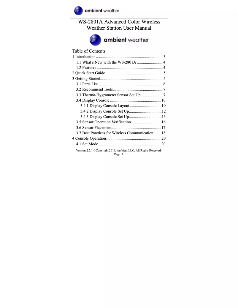 Image de la première page du manuel de l'appareil WS-2801A