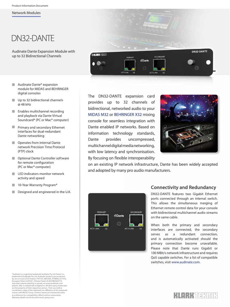 Page 1 de la notice Fiche technique Klark Teknik DN32-DANTE