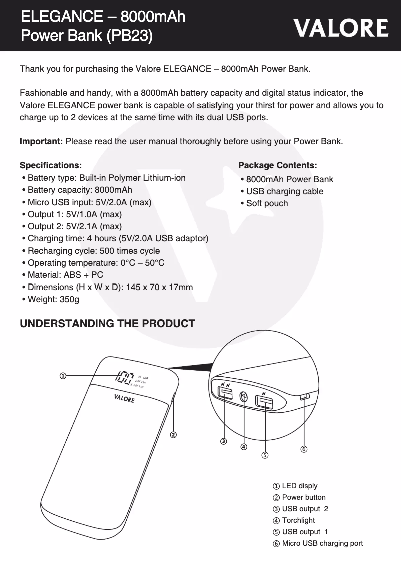 Page 1 de la notice Manuel utilisateur Valore PB23