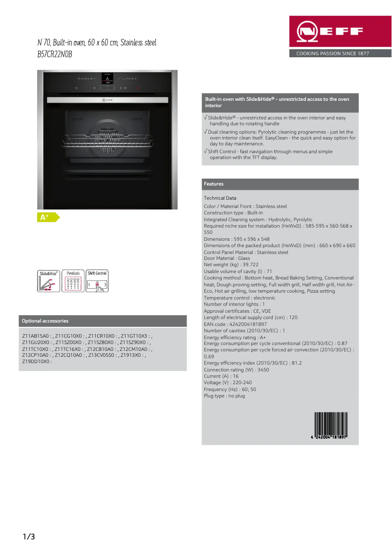 Page n°1 - Fiche technique Neff B57CR22N0B