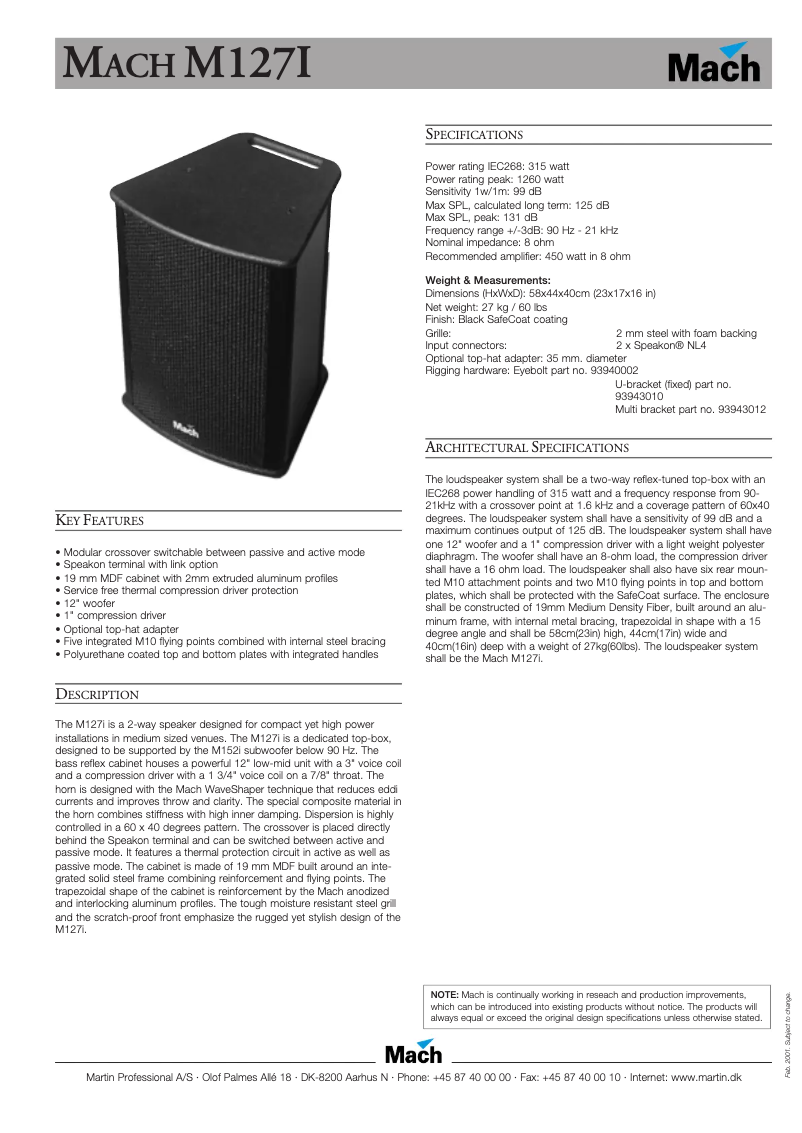Page 1 de la notice Fiche technique Martin M127i
