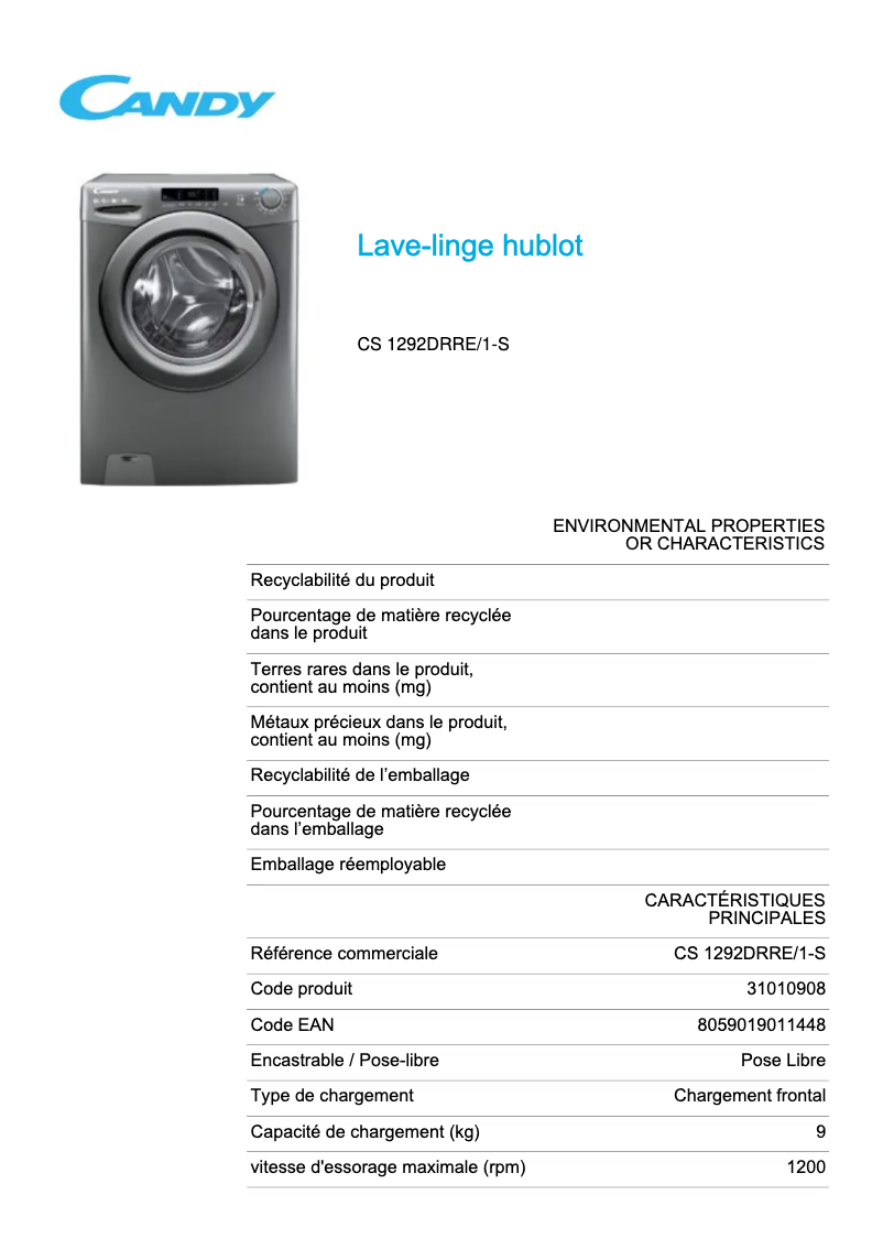 Page 1 de la notice Fiche technique Candy CS 1292DRRE/1-S