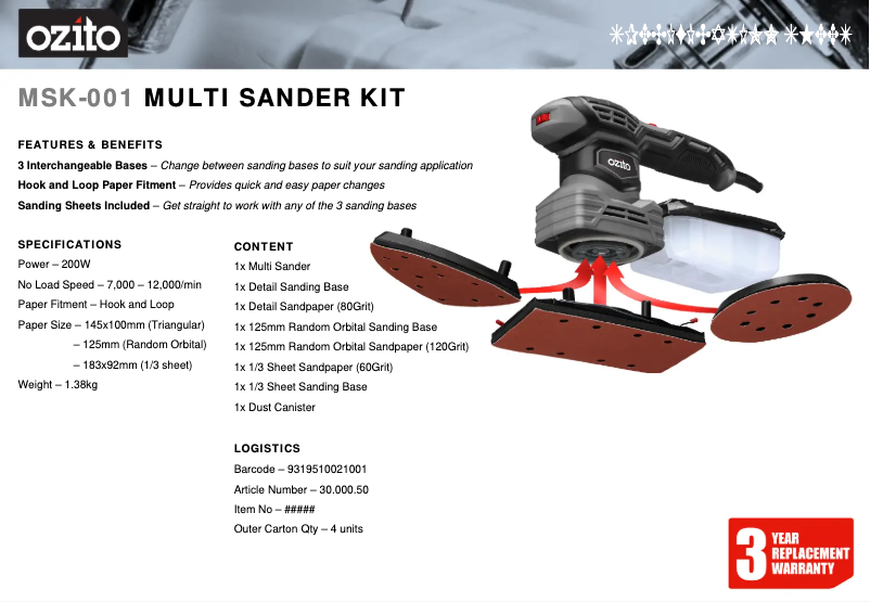 Page 1 de la notice Fiche technique Ozito MSK-001