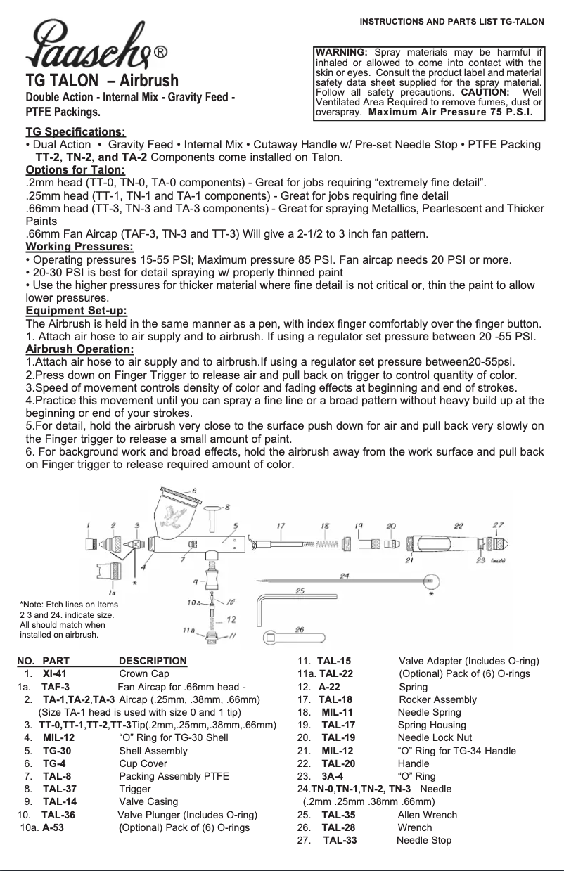 Page n°1 - Manuel utilisateur Paasche TG-3AS