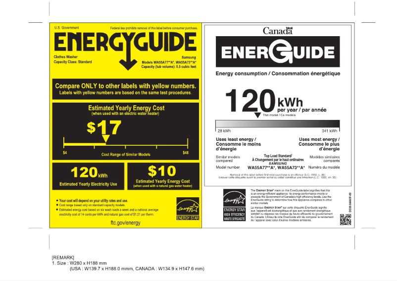 Page n°1 - Label énergétique Samsung WA55A7300AE