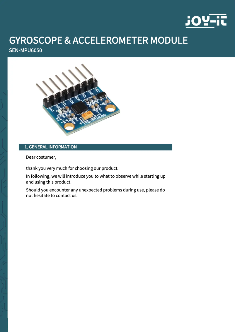 Page 1 of the manual User Manual Joy-It MPU6050
