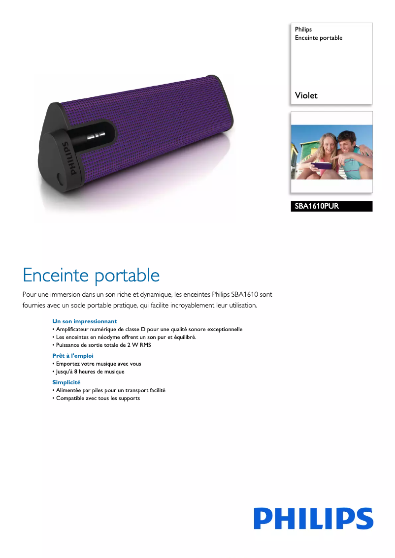Page 1 de la notice Fiche technique Philips SBA1610PUR