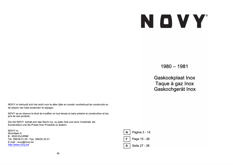 Page n°1 - Manuel utilisateur Novy Inox 1980