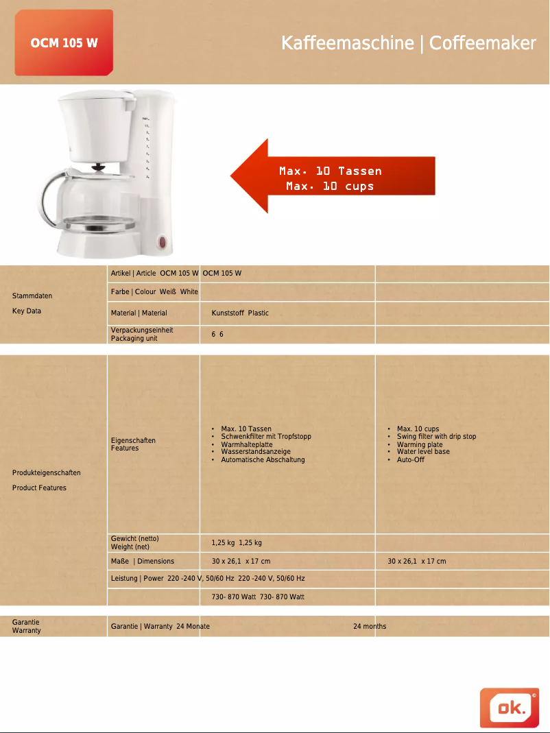 Page 1 de la notice Fiche technique OK OCM 105-W