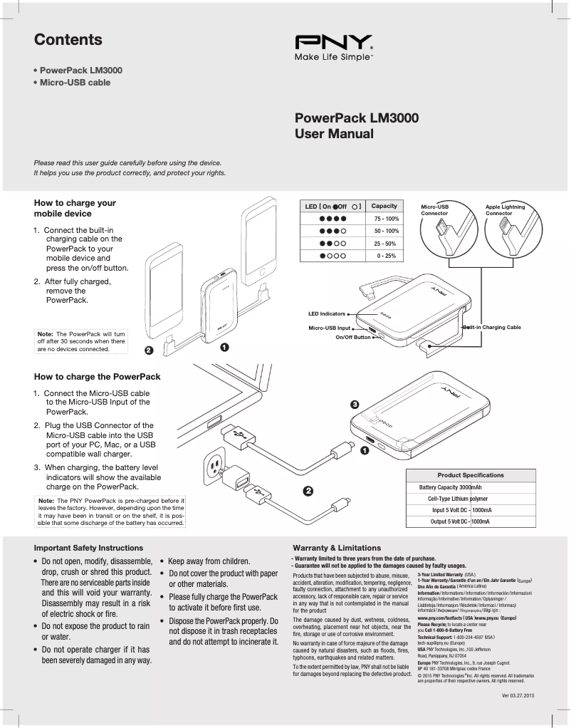 Page 1 de la notice Manuel utilisateur PNY PowerPack LM3000