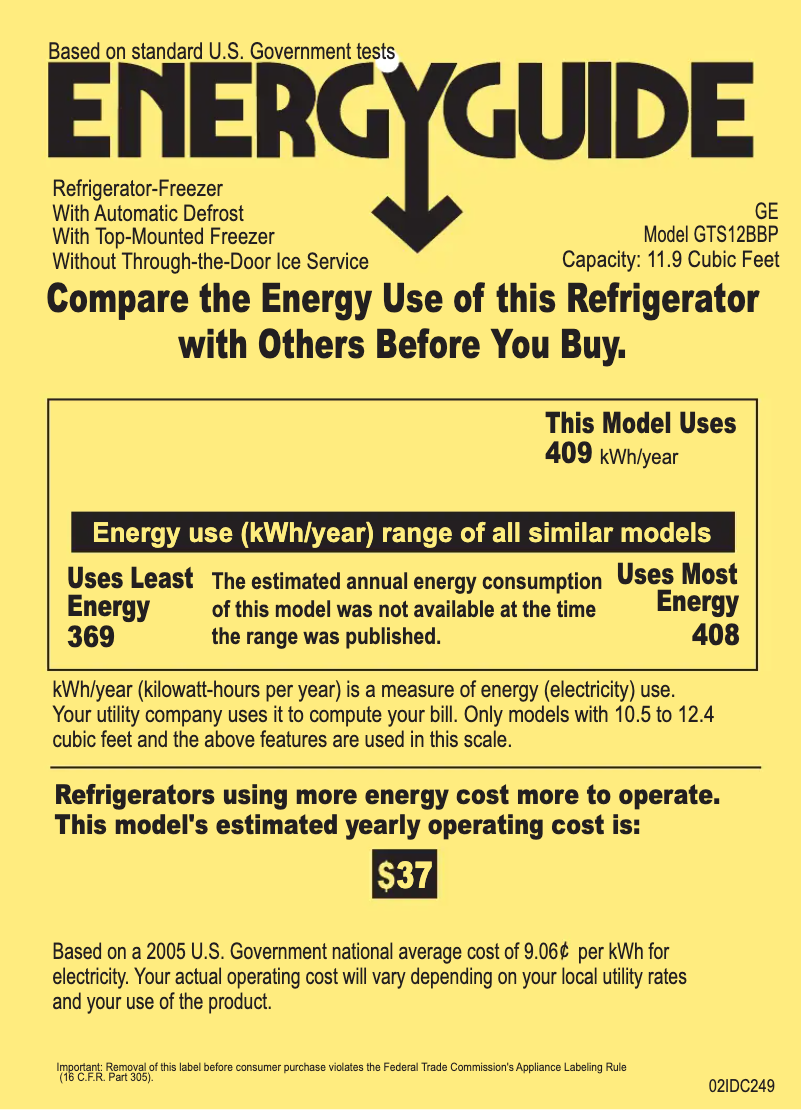 Page 1 de la notice Label énergétique GE GTS12BBPRCC