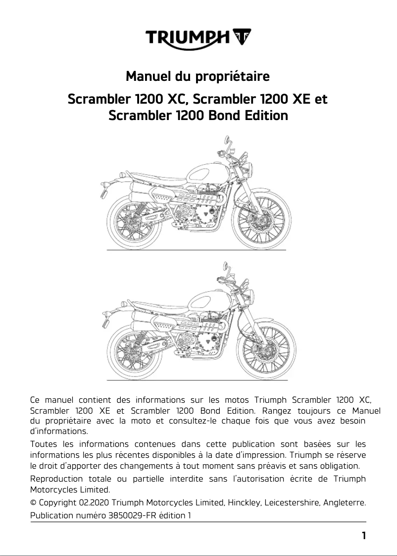Page 1 de la notice Manuel utilisateur Triumph Scrambler 1200 Bond Edition (2020)